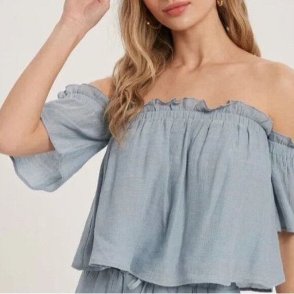 Bluivy Shirt Off Shoulder Cropped Womens Large Blue New Socielle - Picture 1 of 13